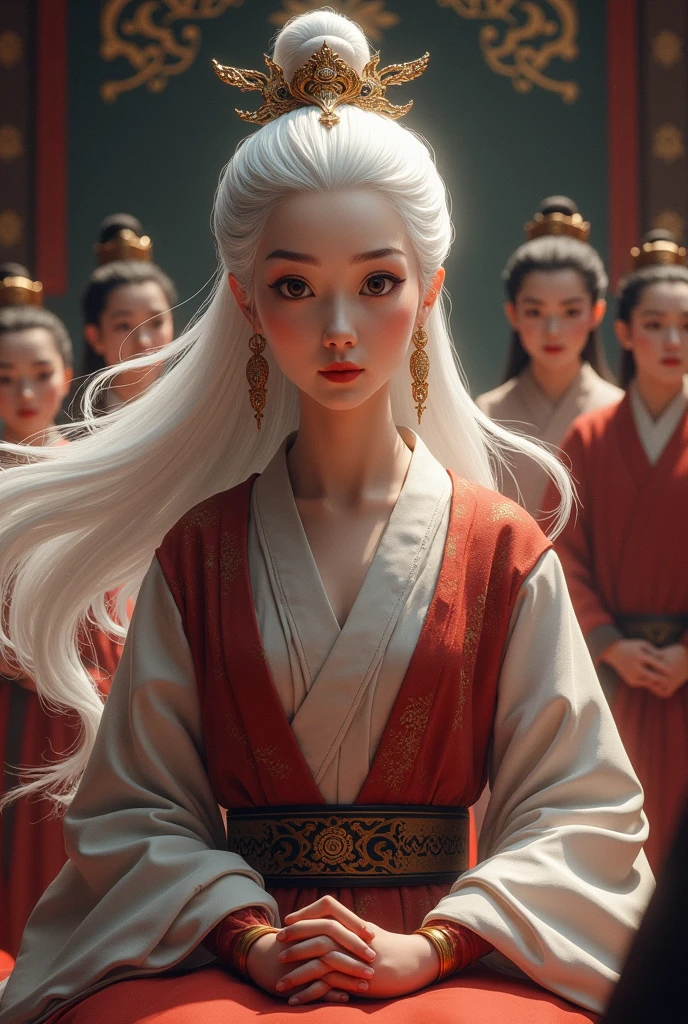 Tang Dynasty,elderly,White hair,Beautiful woman,Female master,Will martial arts,Sitting with authority in the grand hall,There are disciples by my side