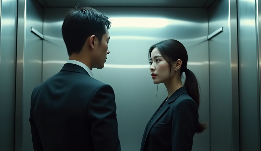 viewer looking over shoulder of the mman, to see a beautiful Korean girl standing, both wearing suits, standing in an elevator, talking, realistic lighting, cinematic style, realistic lighting, daylight, cold light,