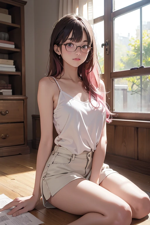 Highest quality、masterpiece、High sensitivity、High resolution、Detailed Description、Slender women、Glasses、White camisole、Sitting on the floor、dark、room、Lighting、Illuminate、To pink color、

