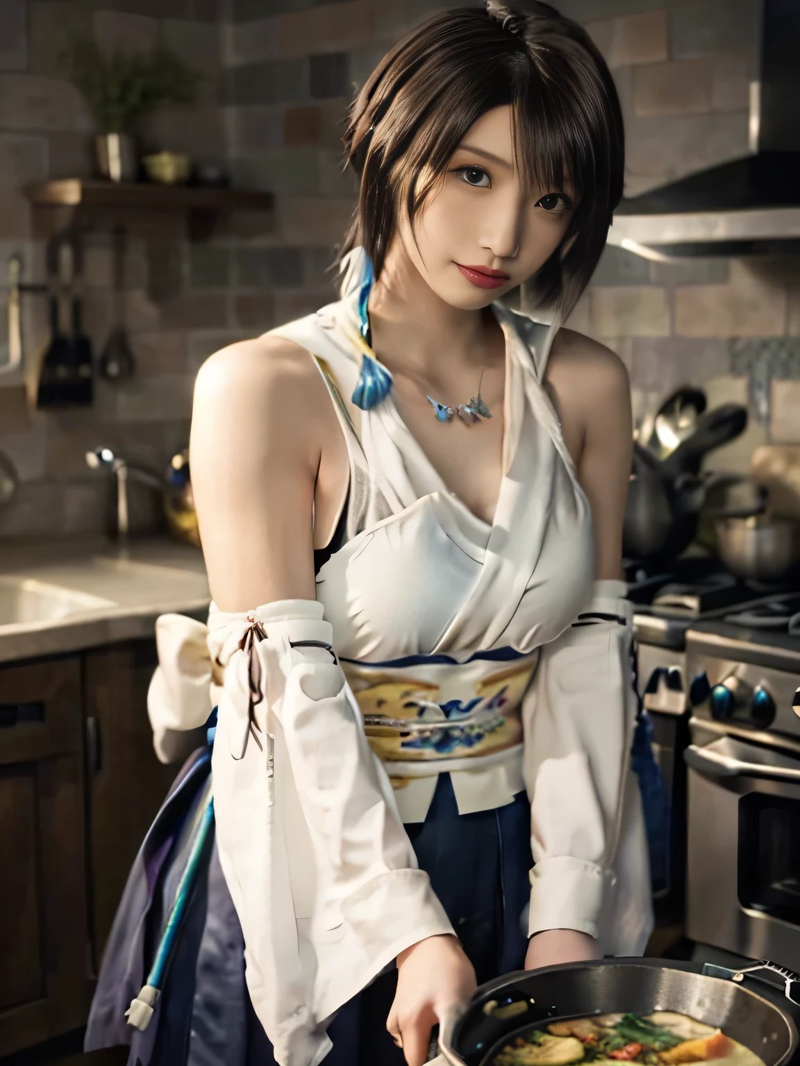 20 year old Japanese beauty,One person、Muscular body like a bodybuilder、Emphasize the breasts、Slit eyes、A head-to-toe view,Bust is very very large、The background is a medieval European kitchen、High quality photos、Clear, crisp images of the lower body、Masterpiece 8k、Ecstatic face、Stirring a pot of stew on the stove、From the side, from behind, the same color々from what camera angle to shoot、FF10 Yuna's outfit