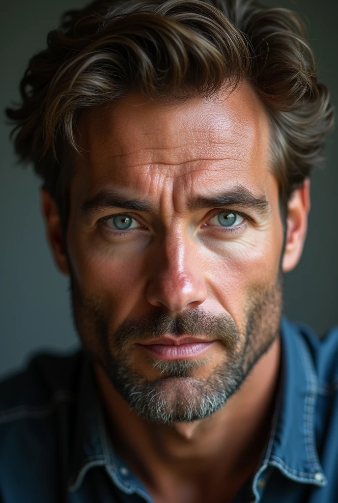 A man with bright blue eyes, Brown hair, medium complexion, a chiseled jaw and an upturned nose