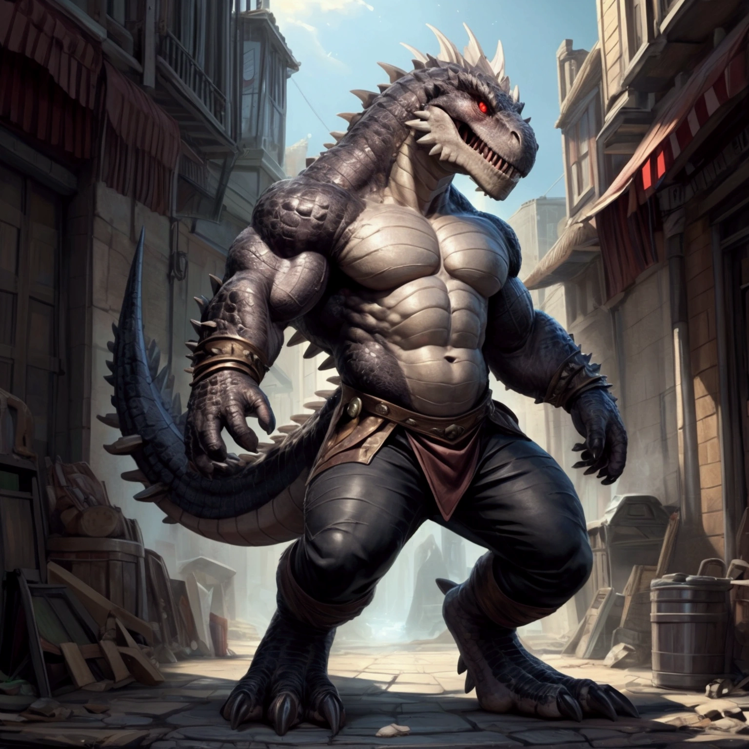 solo, anthro, furry male, T-Rex , (Spiny scales, scales, detailed muscles), (T-Rex print), black scales, white belly, spiny scales, standing up, bodyguard outfit, black claws, red eyes, slit eyes, slim fit, muscular slim, street, crazed look, menacing, raging, angry, detailed eyes, pecs, hind legs, tail, long tail, looking at viewer, (Masterpiece, by null-ghost, hi-res, 8k), naked torso, black pants, double bicep pose