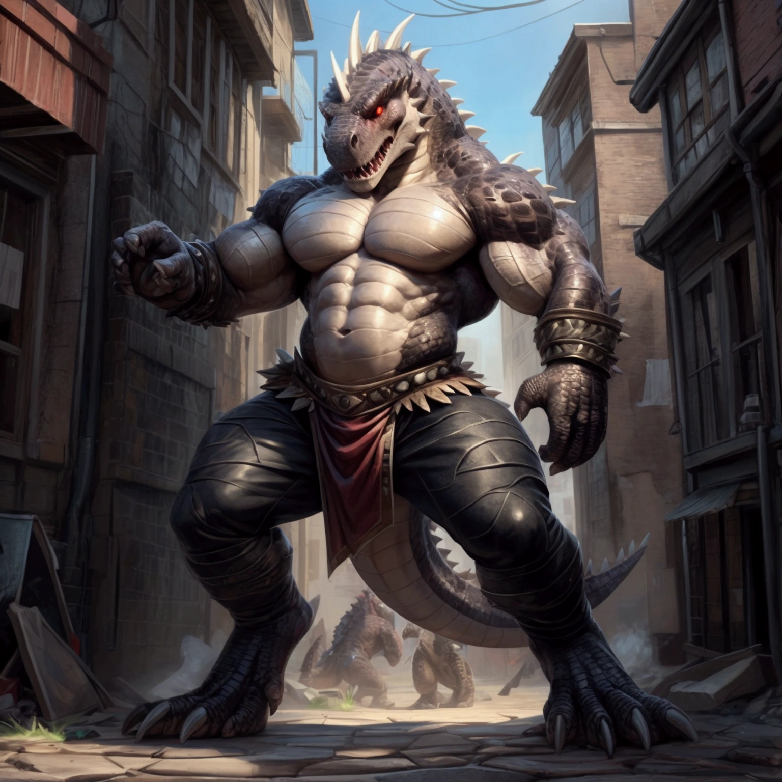 solo, anthro, furry male, T-Rex , (Spiny scales, scales, detailed muscles), (T-Rex print), black scales, white belly, spiny scales, standing up, bodyguard outfit, black claws, red eyes, slit eyes, slim fit, muscular slim, street, crazed look, menacing, raging, angry, detailed eyes, pecs, hind legs, tail, long tail, looking at viewer, (Masterpiece, by null-ghost, hi-res, 8k), naked torso, black pants, double bicep pose