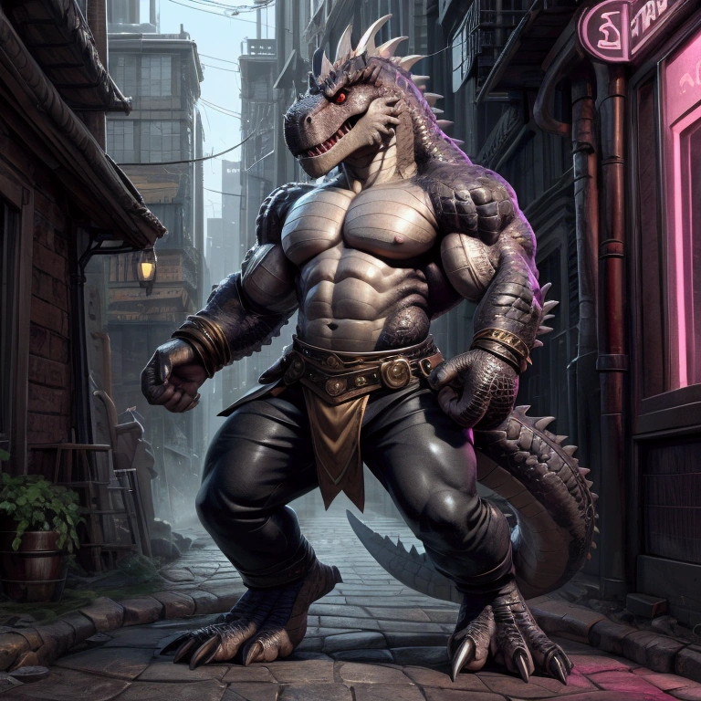 solo, anthro, furry male, T-Rex , (Spiny scales, scales, detailed muscles), (T-Rex print), black scales, white belly, spiny scales, standing up, bodyguard outfit, black claws, red eyes, slit eyes, slim fit, muscular slim, street, crazed look, menacing, raging, angry, detailed eyes, pecs, hind legs, tail, long tail, looking at viewer, (Masterpiece, by null-ghost, hi-res, 8k), naked torso, black pants, double bicep pose