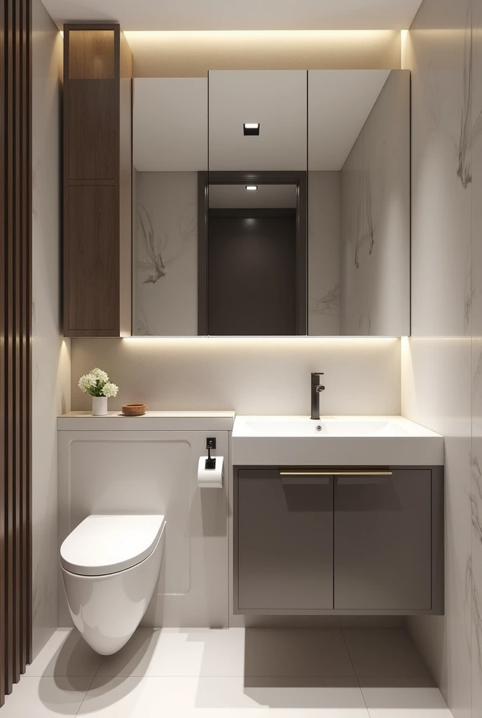 Design me an executive half bathroom with a range of white colors, gray and coffee wood. First comes the sink and to its left, the toilet.. With a design featuring wall panels at the sink.
