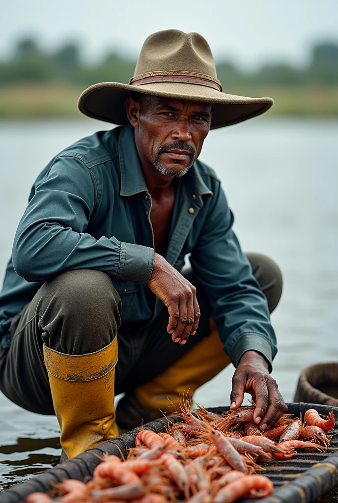Person producing shrimp with hat and boots
