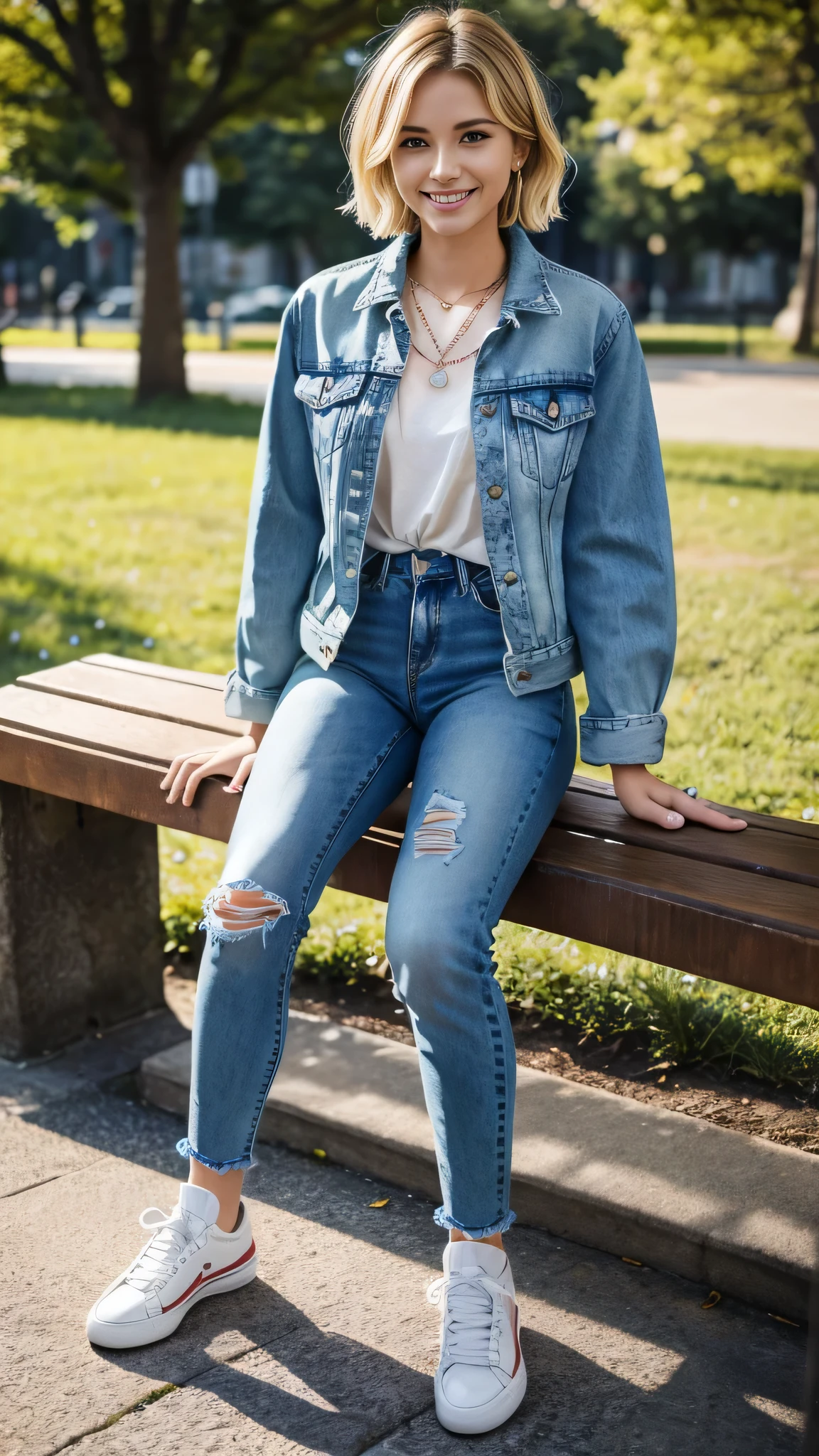 Super Resolution、Clear French woman、Full body photo、sitting on a park bench、Blonde Hair、Short Haircut、Wavy Hair、Ear piercing、、necklace、Denim jacket、shirt、Skinny jeans、sneakers、I'm wearing black socks.、smile、Beautiful teeth alignment
