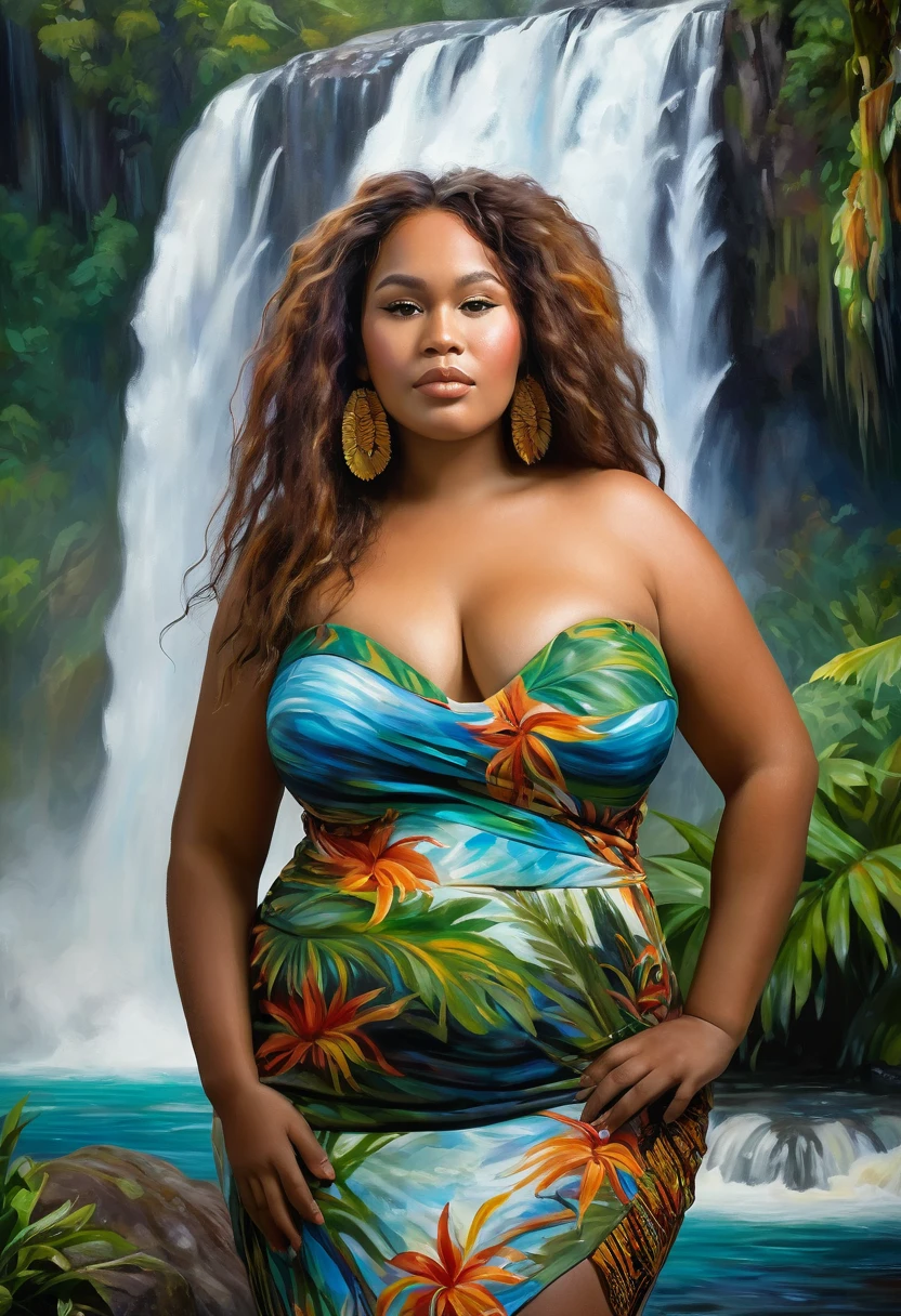 Dreamy Wonderland theme, portrait of a plus size Papua New Guinean woman against a backdrop of waterfall in impressionistic painting style. her hair and face merges into the waterfall. highly detailed painting has wide hips and huge chest. highly detailed face,"