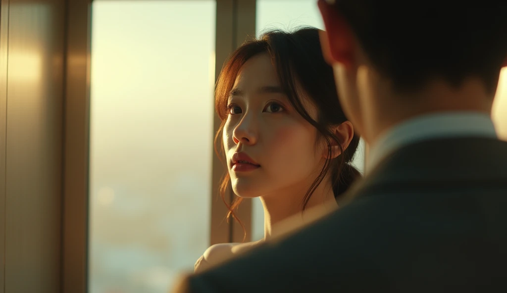 behind a man's shoulder, beautiful Korean woman looking at man, in elevator, daylight, cinema style, real photo,