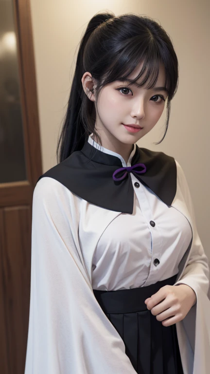 Highest quality, 8k, 32K, masterpiece, photoRealistic, Realistic, (photoRealistic:1,4), alone, smile, Dramatic lighting, Professional makeup, chest, (natural big chest: 1.3), (Fascinating), Her beautiful white face shines, Beautiful Face, Pink Cheeks, Beautiful Lips, Porcelain-like skin, Detailed and complex, 非常にDetailed, Super high, 最もDetailed, Detailed, delicate, Incredible detailed, The finer detailsed, Cinema Lighting, Highest quality, Smooth and beautiful, CG, Unity, 8k wallpaper, amazing, The finer details, Unity CG wallpaper 8k 非常にDetailed, Large file size, 非常にDetailed, High resolution, Incredible detail, Amazing details, Depth of written boundary, Kanaotsuyuri, Kanao Tsuyuri, Black Hair, butterfly, butterfly hair ornament, (Purple eyes:1.1), side ponytail, ponytail,
BREAK black skirt, Cape, Demon Slayer uniform, Long sleeve, pleated skirt, skirt, white Cape,
BREAK Watch Viewers,