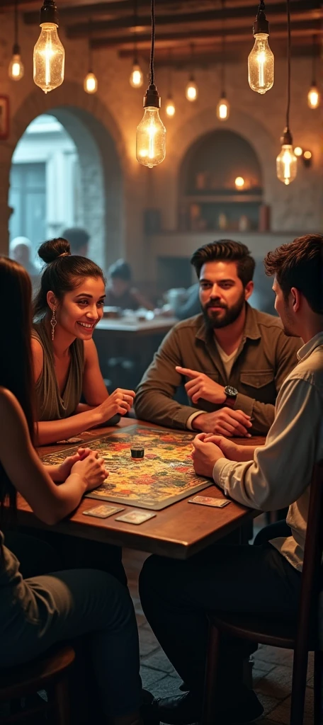 Indian woman with long black hair, Indian woman with black hair in a bun, Man with black hair and beard, Black haired man with no beard. Four people are sitting at a comfortable tavern table playing a role-playing game, (Woman on the left invites you to join the game,Left hand extended towards the camera),Board Game Cover Art, , Card game poster, Roleplaying Art, Fantasy card game art, epic Fantasy card game art, Cinema-grade quality, Warm atmosphere