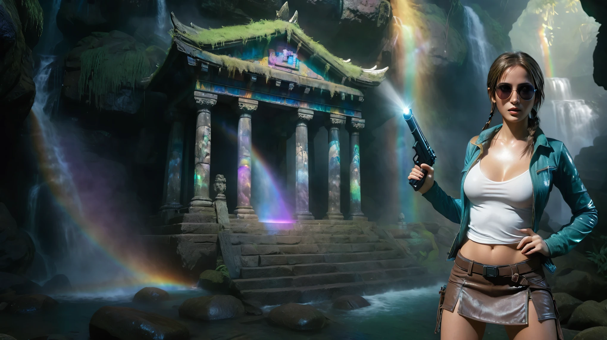 colorful all-glass ancient temple, stone statue, mysterial signs, rainbow colors waterfalls, sparkling effects, amospheric fog. At night, (1girl, solo), photorealistic, medium-breast:1.3 slim body, cleavage, tomb raider style costume with miniskirt, (matrix style black sunglasses, holding a short gun), half-body thigh level medium shot, cinematic lighting, ray tracing.