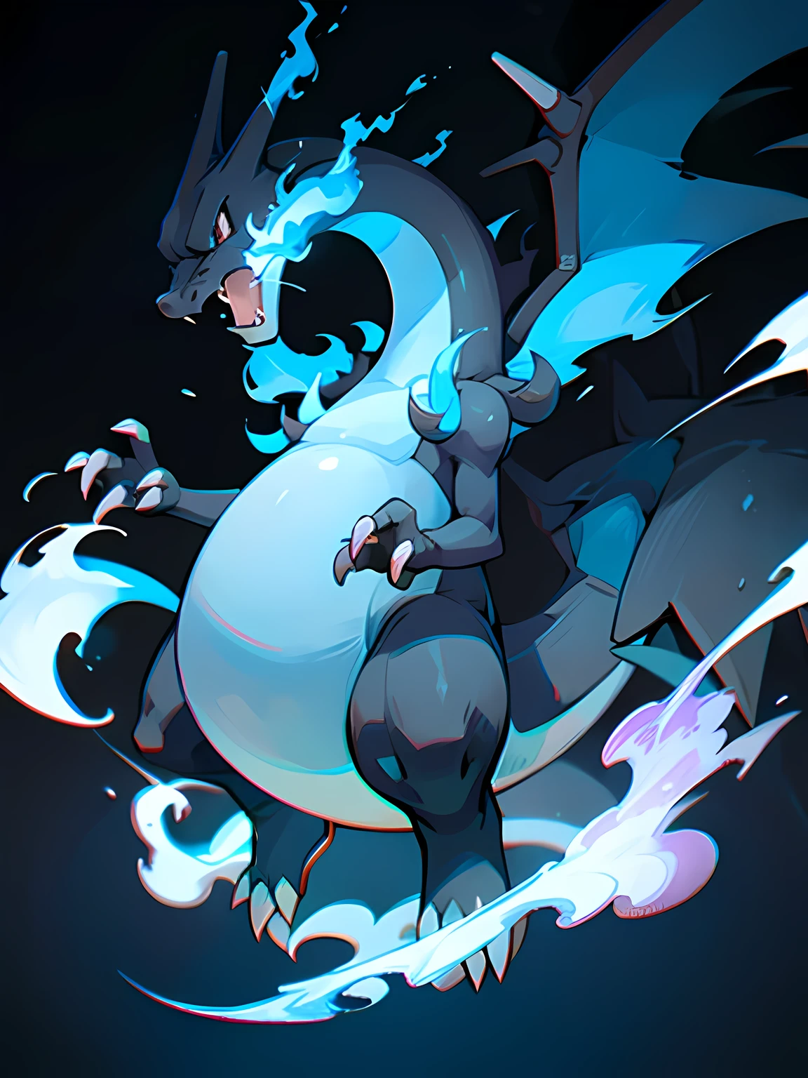 black Charizard, blue fire,no humans,white simple background,