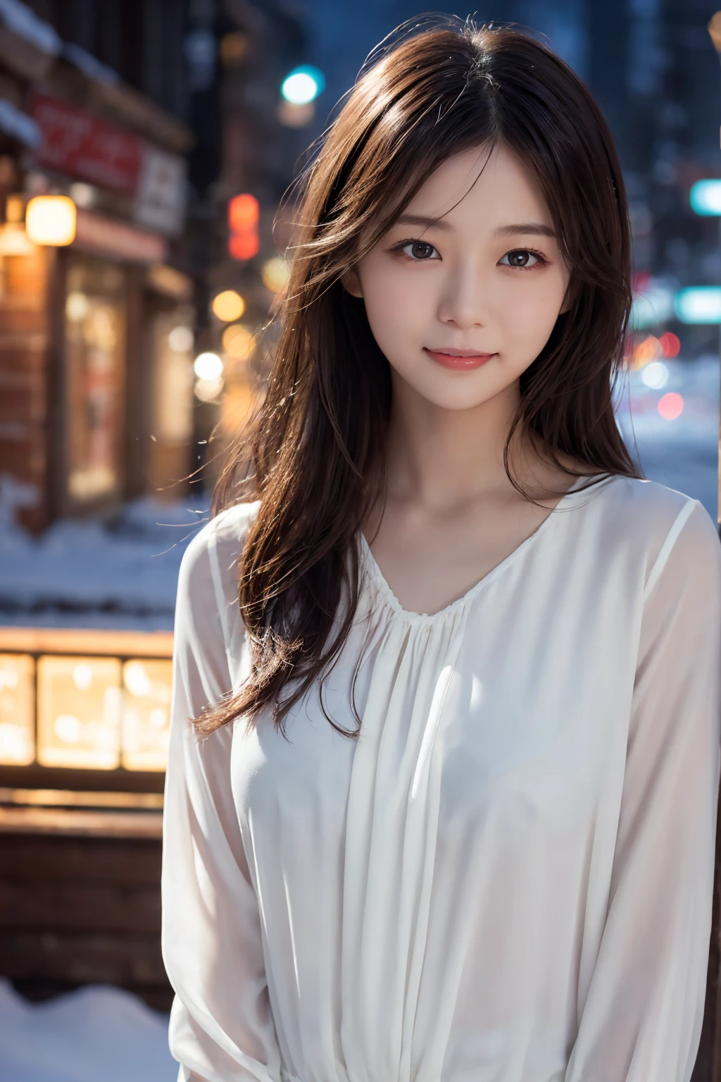 1 person, (Wear a white blouse:1.2), (RAW Photos, highest qualthaty), (Realistic, Realistic:1.4), Shortcuts, Very delicate and beautiful, Very detailed, 2k wallpaper, wonderful, finely, Very detailed CG Unthaty 8K 壁紙, Very detailed, High resolution, Soft Light, Beautiful detailed, Very detailed目と顔, Beautiful and sophisticated nose, finelyて美しい目, Cinema Lighting, Illuminations that light up the cthaty on a snowy night, Snow Scene, that'that'that'that'it's snowing, Snow fell in my hair, Perfect Anatomy, Slender body, Was nervous, Straight semi-long hair, bangs, Looking at the audience, smile、Fluffy scarf