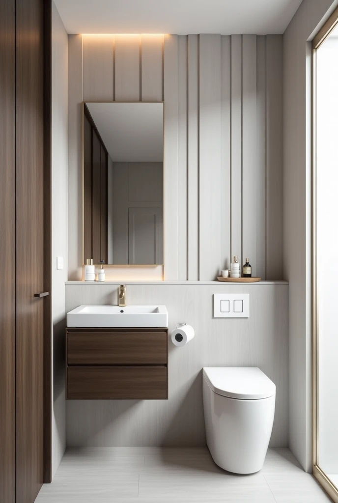 Design me an executive half bathroom with a range of white colors, gray and coffee wood. First comes the sink and to its left, the toilet.. With a design featuring wall panels at the sink.