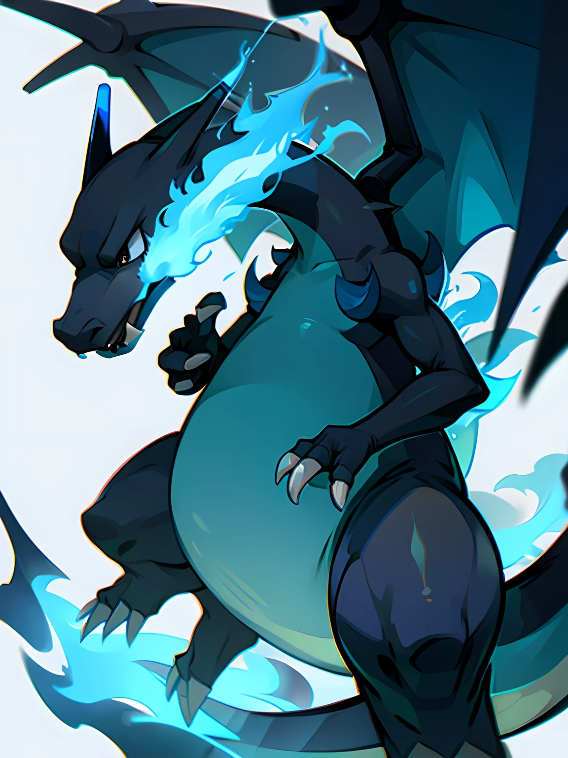 black Charizard, blue fire,no humans,white simple background,