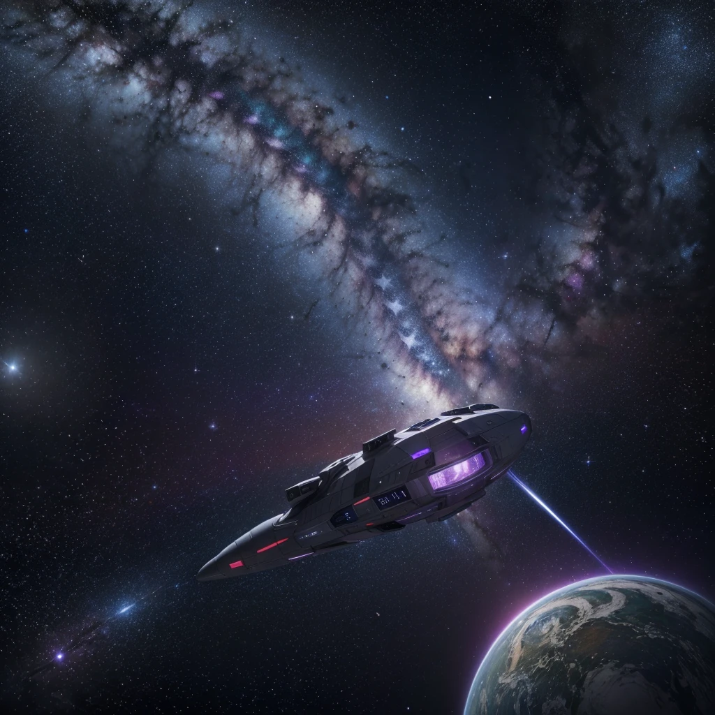 Create an image with dimensions 1920x1080, over the universe with stars and galaxies, featuring a realistic spaceship. make this image as realistic as possible with a focus on purple