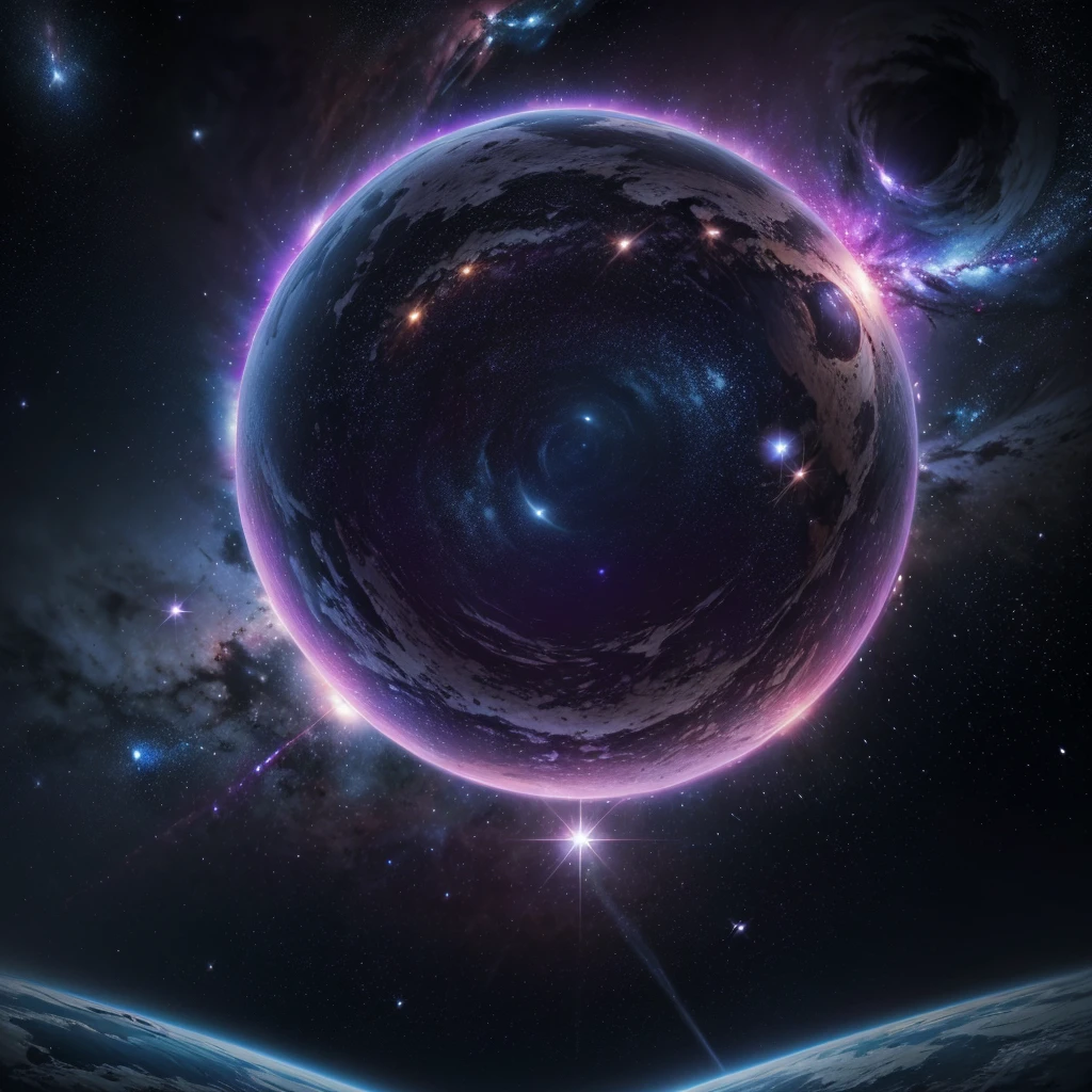 Create an image with dimensions 1920x1080, over the universe with stars and galaxies, featuring a realistic spaceship. make this image as realistic as possible with a focus on purple