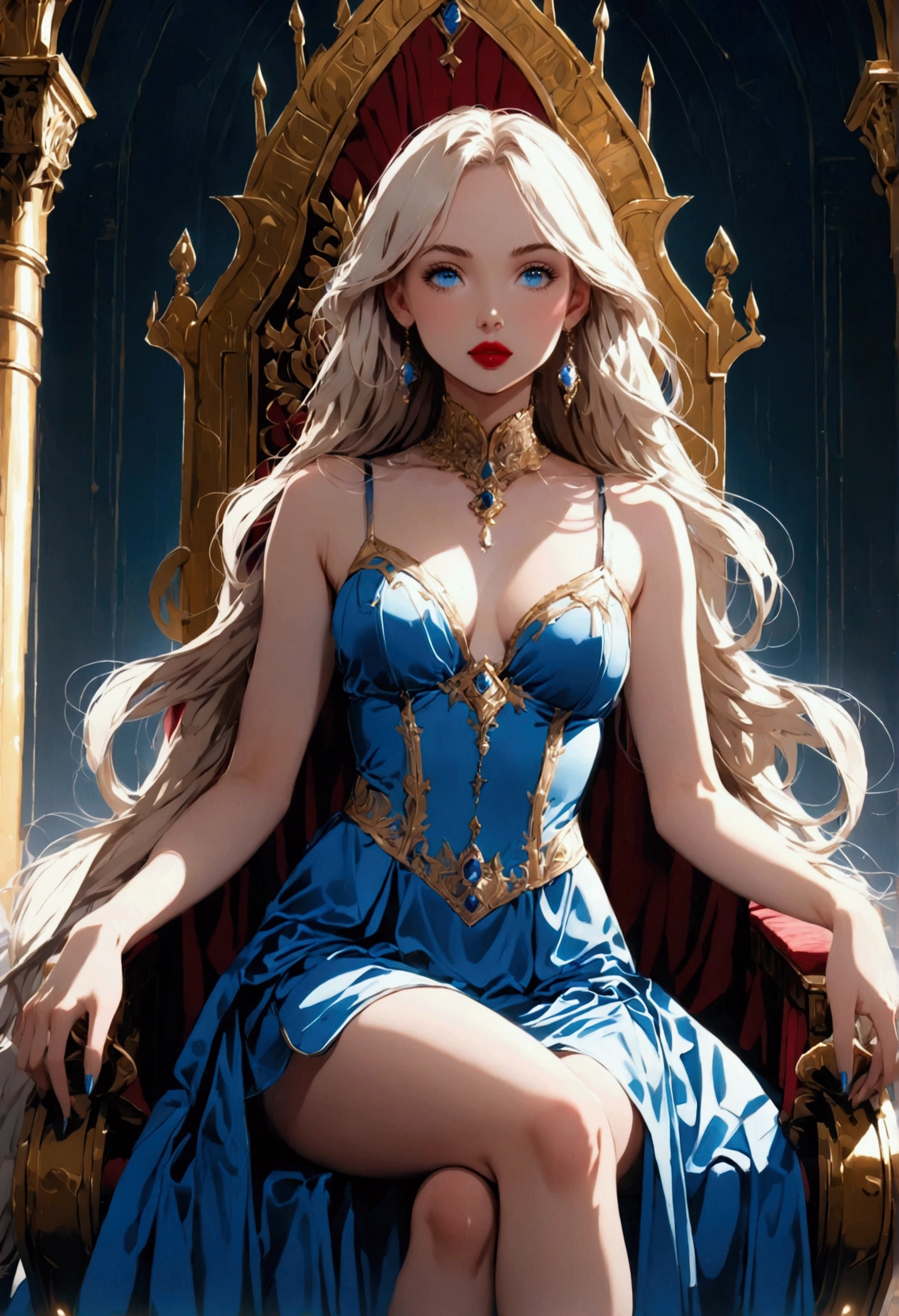 ((solo, 1woman, (blue eyes, platinum blonde hair, long hair), lipstick, Extremely detailed, ambient soft lighting, 4k, perfect eyes, a perfect face, perfect lighting, a 1girl)), ((solo, (1woman, lipstick), Extremely detailed, ambient soft lighting, 4k, perfect eyes, a perfect face, perfect lighting, a 1girl)), , ((fitness,, shapely body, athletic body, toned body)), ((blue finely detailed dress, imperial throne, sitting on a throne, flowes, high heels, throne room, palace))