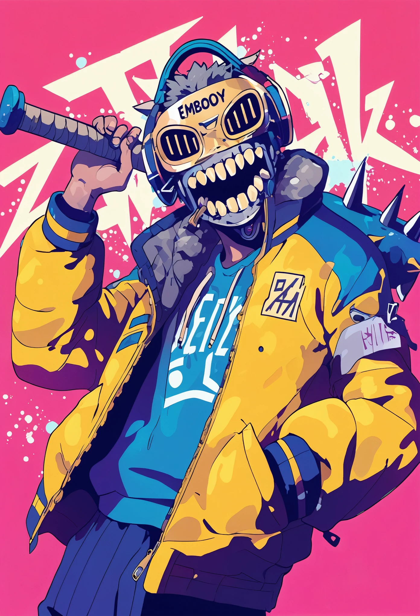 A yellow and blue cartoon style robot wearing a mask with big eyes smiling with white teeth covered in gold, dressed in a hip hop street style, standing holding a baseball bat, smiling at the camera. The background is bright pink. The word Embody is written on the wall behind the design. The image is complete without missing a background. The vector art style is the anime and manga style of Yoji Shinkawa and Katsuhiro Otomo.