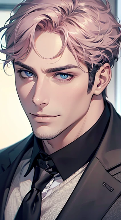 (best quality,4k,8k,highres,masterpiece:1.2),ultra-detailed,(realistic,photorealistic,photo-realistic:1.37),1 man,31 years old,mature man,very handsome,without expression,smile,short grey pink hair,blue eyes,penetrating gaze,perfect face without errors,imposing posture,businessman,office background,cinematic lighting,hdr image