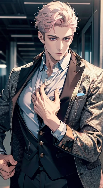 (best quality,4k,8k,highres,masterpiece:1.2),ultra-detailed,(realistic,photorealistic,photo-realistic:1.37),1 man,31 years old,mature man,very handsome,without expression,smile,short grey pink hair,blue eyes,penetrating gaze,perfect face without errors,imposing posture,businessman,office background,cinematic lighting,hdr image