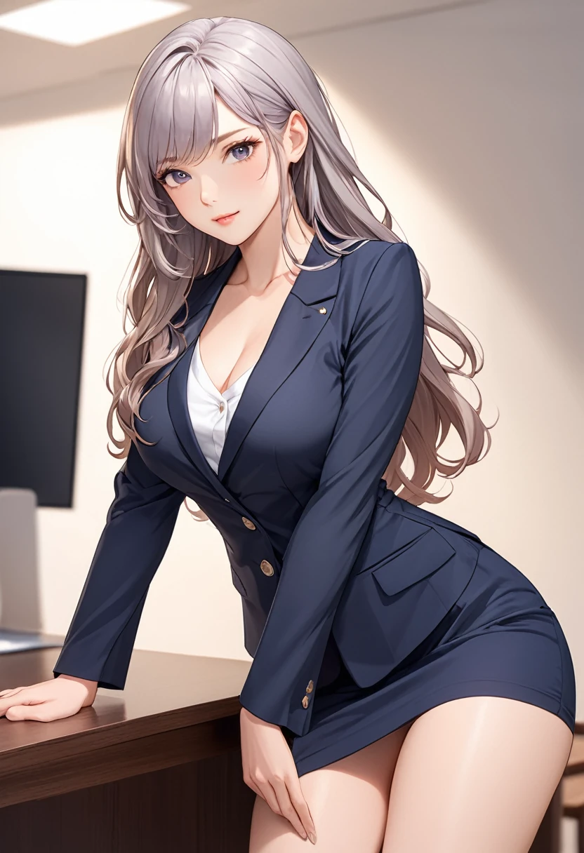 Beautiful, perfect body, sitting in off with sexy pose, with sexy office outfit,waring hills,long and beautiful hair,white and cute face with mature body,standing side of table,half of body nacked only covered private oart with clothes