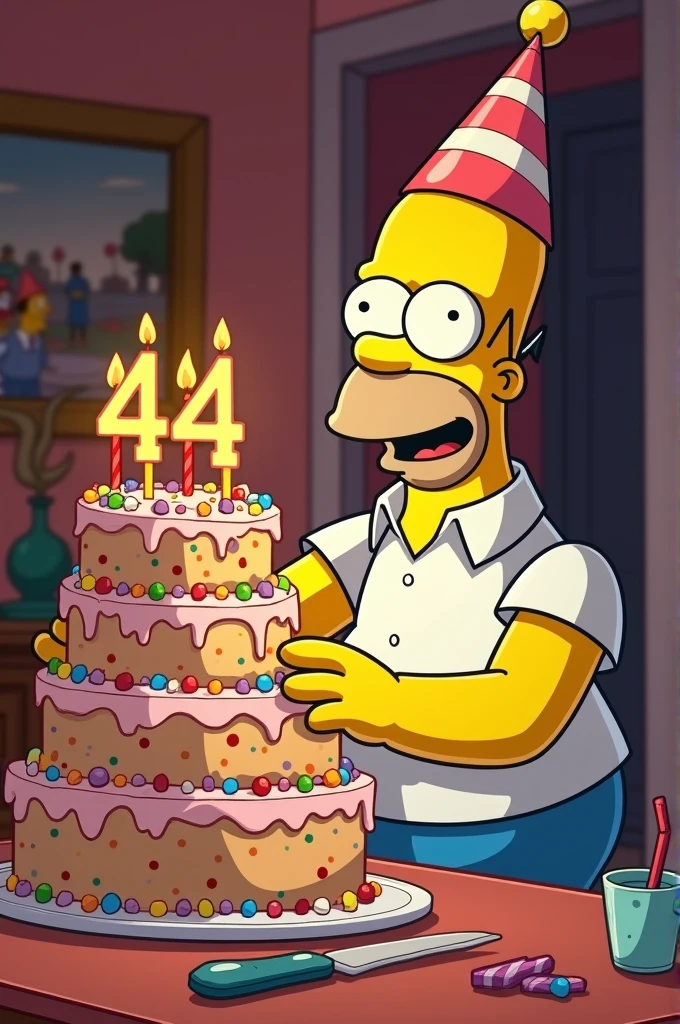 Give me a picture where Homer is with a cake and a birthday hat and the cake has candles 44