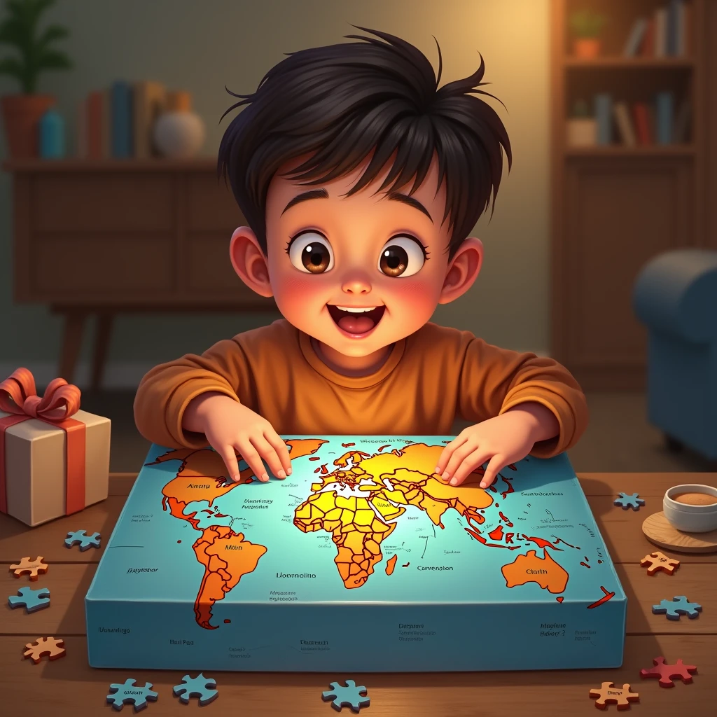 Boy opening a gift, The gift is a world map puzzle.
