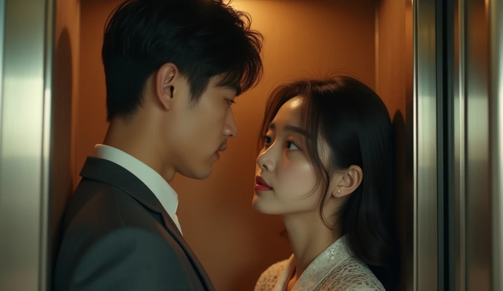 behind a man's shoulder, beautiful Korean woman looking at man, in elevator, daylight, cinema style, real photo,