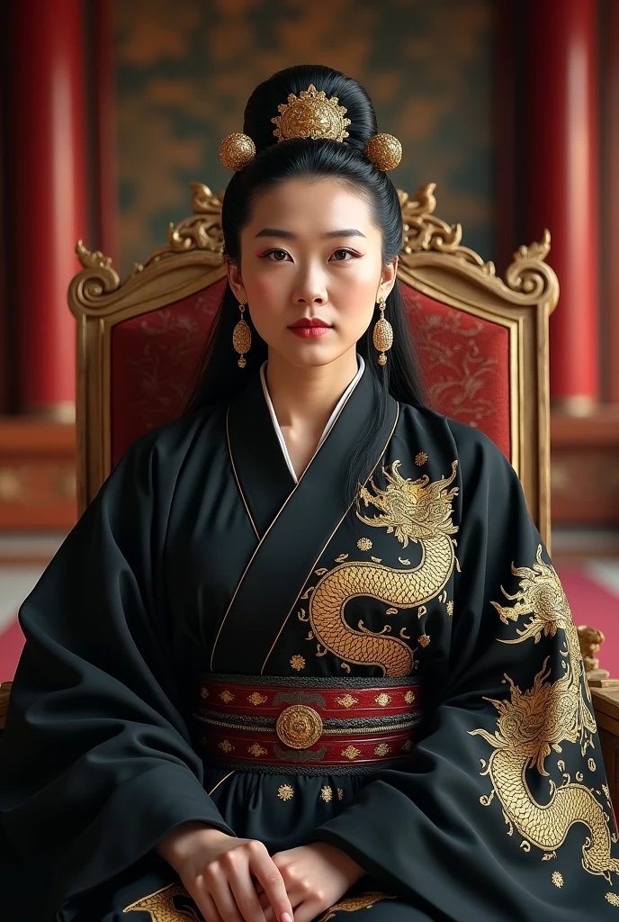 Tang Dynasty,Big breasts,70 years old,Still has charm,Female master,Will martial arts,Sitting with authority in the grand hall,Black clothing with a golden dragon pattern