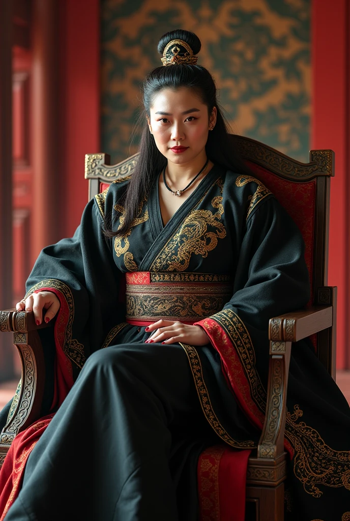 Tang Dynasty,Big breasts,70 years old,Still has charm,Female master,Will martial arts,Sitting with authority in the grand hall,Black clothing with a golden dragon pattern