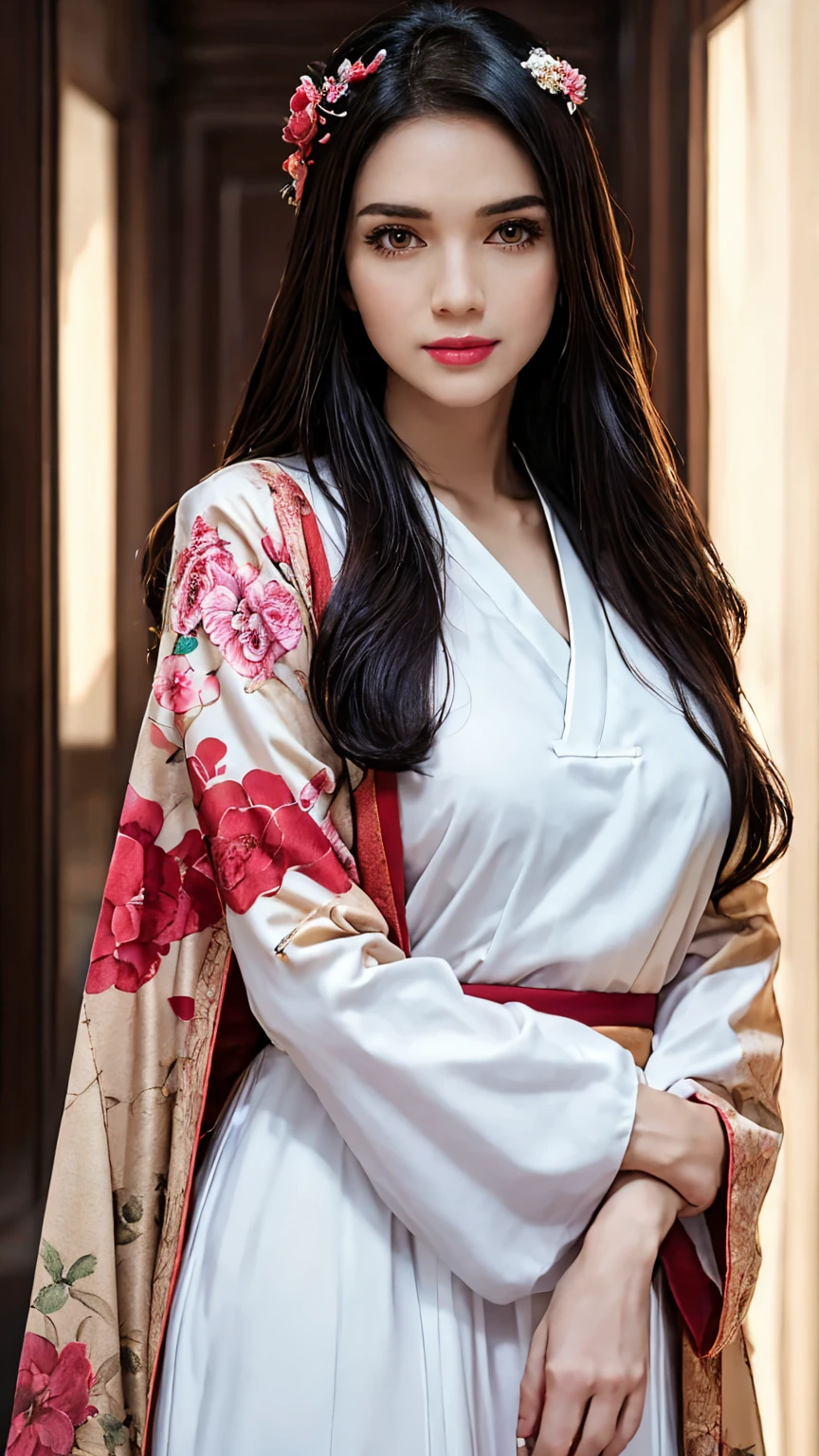 A girl, wearing hanfu, peony garden, butterfly, (negative space:1.4), fusion of art nouveau styles with gongbi painting, gold and white and red hue, Mucha style, (Cinematic lighting, ethereal light, intricate details, extremely detailed, incredible details, full colored), complex details, hyper maximalist, gorgeous light and shadow, detailed decoration, detailed lines. masterpiece, best quality, HDR, UHD, unreal engine. looking at the camera, fair skin, beautiful face