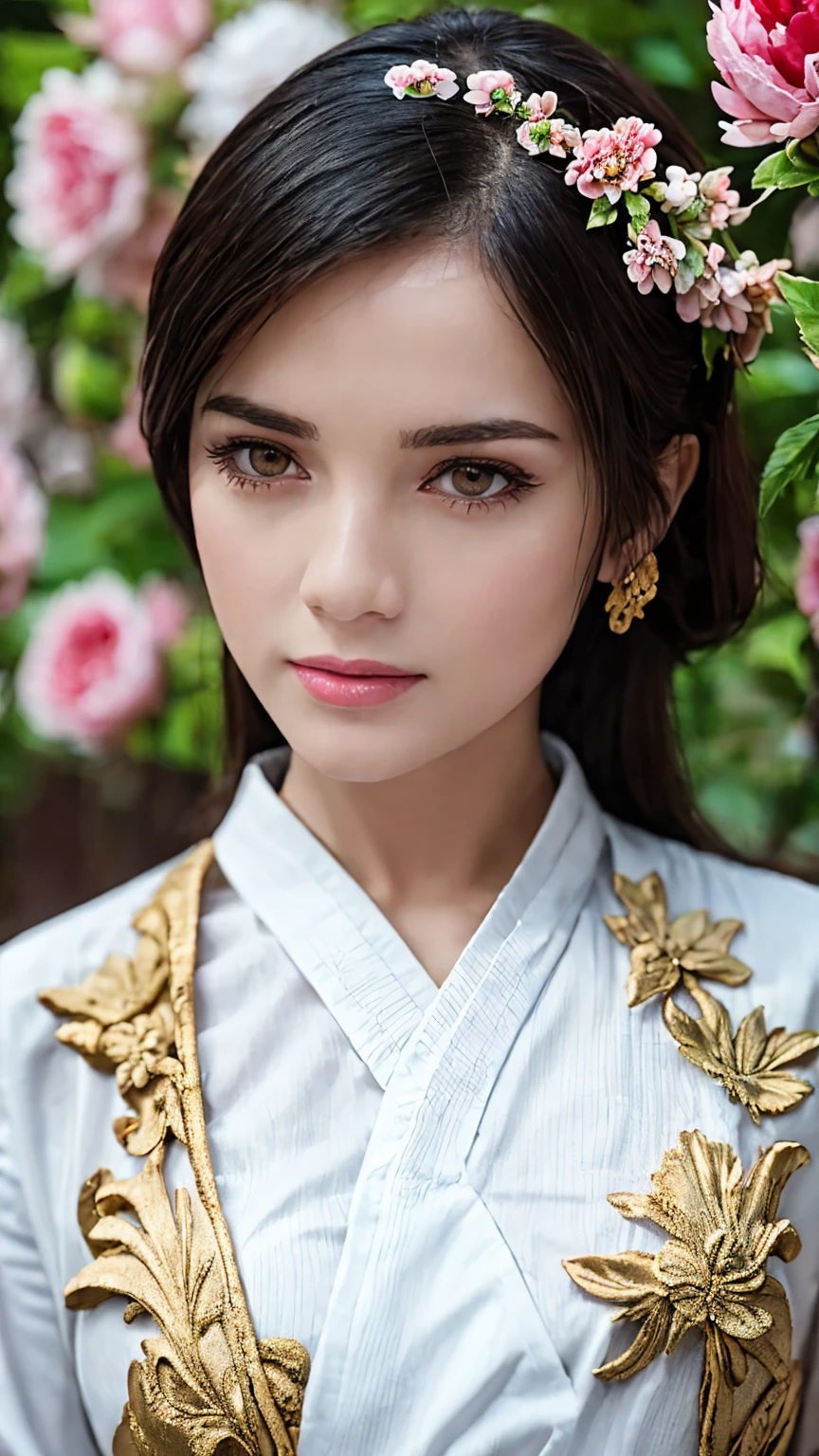 A girl, wearing hanfu, peony garden, butterfly, (negative space:1.4), fusion of art nouveau styles with gongbi painting, gold and white and red hue, Mucha style, (Cinematic lighting, ethereal light, intricate details, extremely detailed, incredible details, full colored), complex details, hyper maximalist, gorgeous light and shadow, detailed decoration, detailed lines. masterpiece, best quality, HDR, UHD, unreal engine. looking at the camera, fair skin, beautiful face