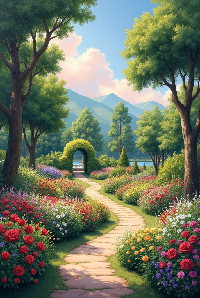 "An exquisite garden rendered in the style of a classic painting, with rich, vibrant colors and soft, painterly brushstrokes. The garden is filled with a variety of blooming flowers in a harmonious palette, surrounded by lush greenery and elegantly shaped trees. A winding stone path leads through the garden, inviting the viewer to explore its beauty. In the background, a charming gazebo or fountain adds a focal point to the scene. The sky above is a delicate blend of soft blues and pinks, with the light filtering through the trees, casting gentle shadows and creating a peaceful, serene atmosphere."