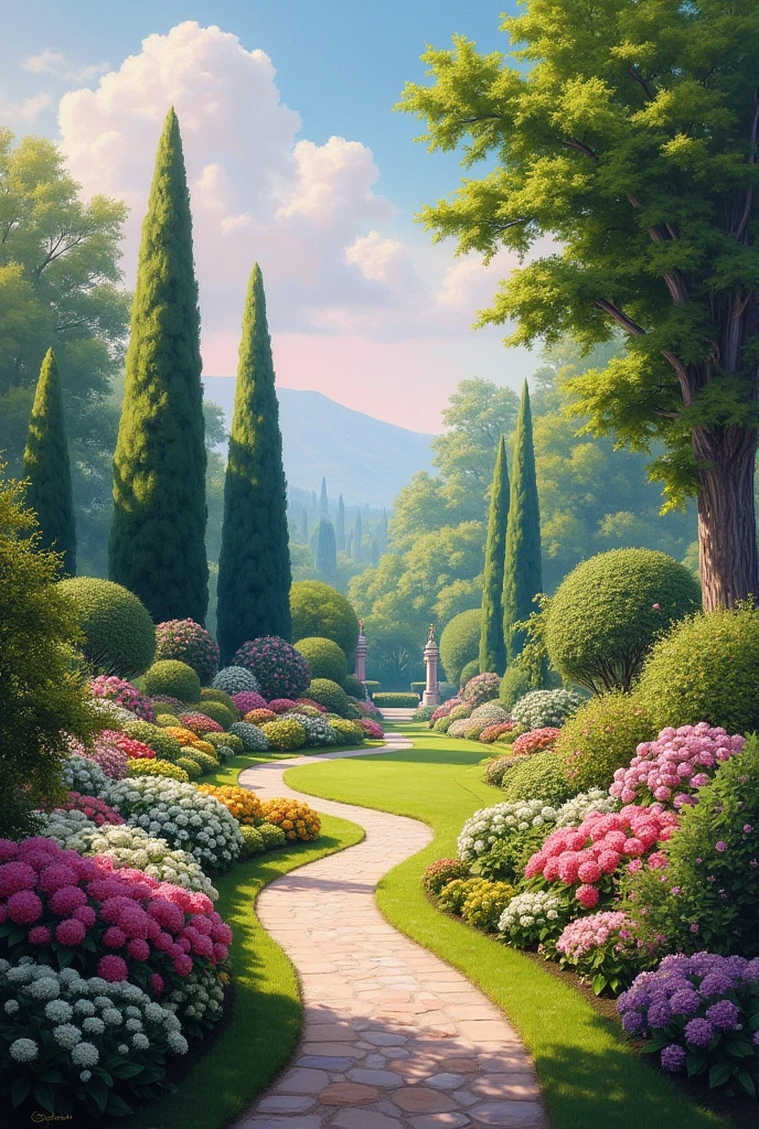 "An exquisite garden rendered in the style of a classic painting, with rich, vibrant colors and soft, painterly brushstrokes. The garden is filled with a variety of blooming flowers in a harmonious palette, surrounded by lush greenery and elegantly shaped trees. A winding stone path leads through the garden, inviting the viewer to explore its beauty. In the background, a charming gazebo or fountain adds a focal point to the scene. The sky above is a delicate blend of soft blues and pinks, with the light filtering through the trees, casting gentle shadows and creating a peaceful, serene atmosphere."