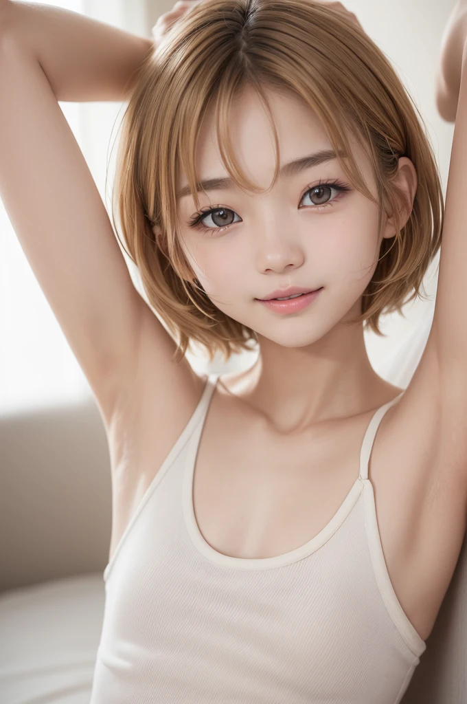 armpits,Create a photo of a korean Asian teenager,((beautiful cute idol girl:1.5)), blonde short hair,10yo,narrow eyes:1.5,slim face,slim neck,((thinbody：1.5)),white tite tanktop,((rasping)),((frat chest)),((clavicle)),((Narrow eyes：1.5))、((Narrow eyes：1.5))、(Thin arms)、(Thin neck)、（Thin lips）、Smile、Beautiful armpits：1.5,Sticking out a long tongue、Open your mouth、Cute expression、Hairless、((slimarms:1.5))