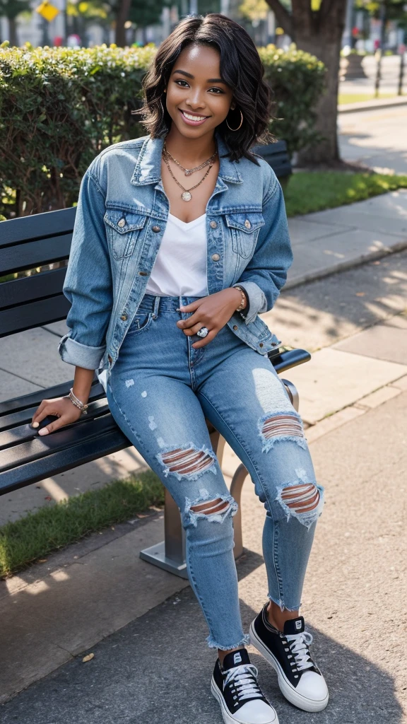 Super Resolution、Clean black woman、Full body photo、sitting on a park bench、、Short Haircut、Wavy Hair、Ear piercing、、necklace、Denim jacket、shirt、Skinny jeans、sneakers、I'm wearing black socks.、smile、Beautiful teeth alignment
