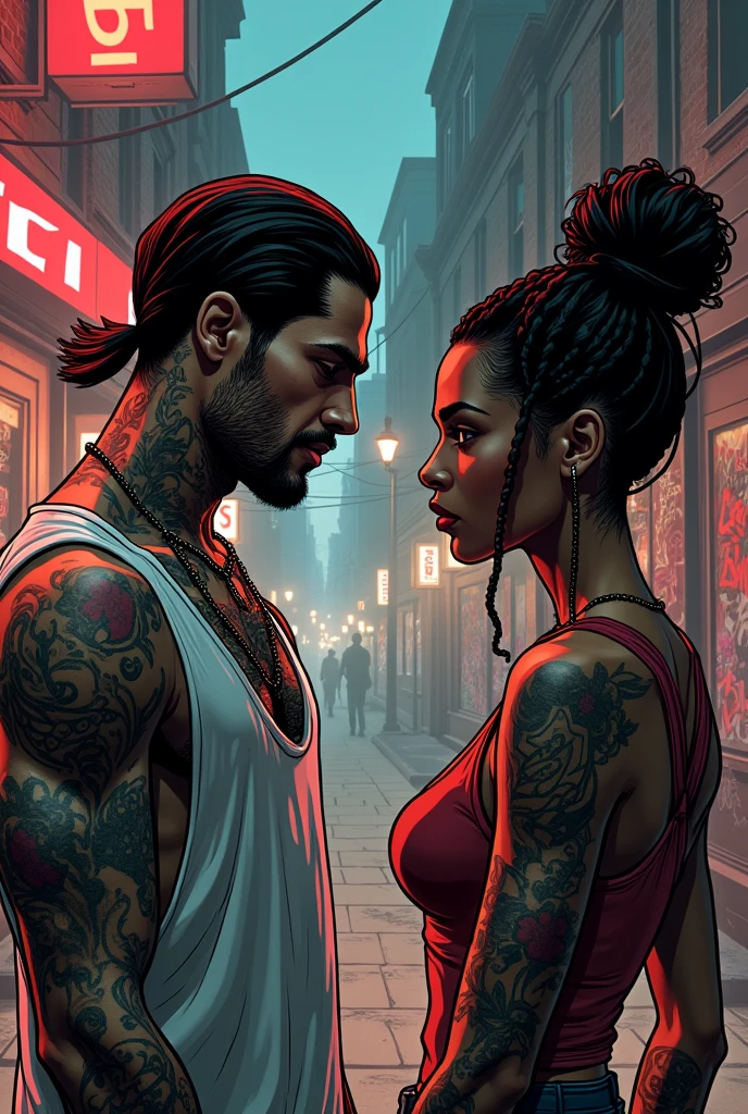 Comics of one ganster white young men with tattoo flirting with a beautiful black braided women with long sleeve white shirt