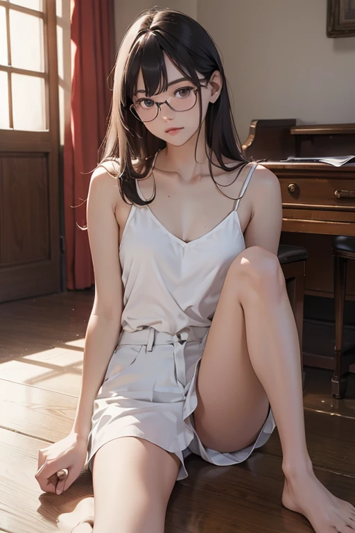 Highest quality、masterpiece、High sensitivity、High resolution、Detailed Description、Slender women、Glasses、White camisole、Sitting on the floor、Dark Room、
