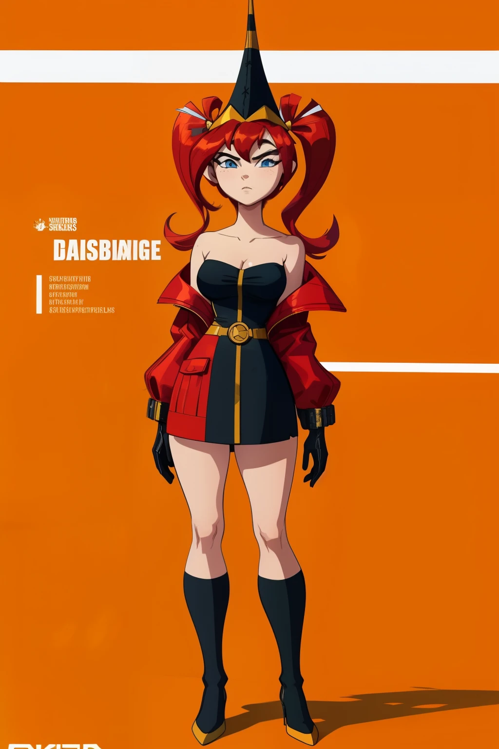 animated style, A highly detailed and realistic 3D model of a young woman standing confidently in front of an orange wall. She has red hair styled in two pigtails and blue eyes.. She is wearing a red jacket over a black dress., black gloves, and white socks up to the thighs. She has a pair of sunglasses resting on her head... The model should include subtle movements in her hair and the fabric of her jacket., As if a gentle breeze were passing by. The scene takes place on a concrete surface with shadows cast on the ground., providing a realistic urban environment. The background should be simple and interior with neutral colors.. The model should be photorealistic and highly detailed.., showing the character's elegant and modern look. Make sure the model captures her confident posture and natural proportions., with special attention to the detailed outfit and accessories, Whole body, model sheet, character design sheet,