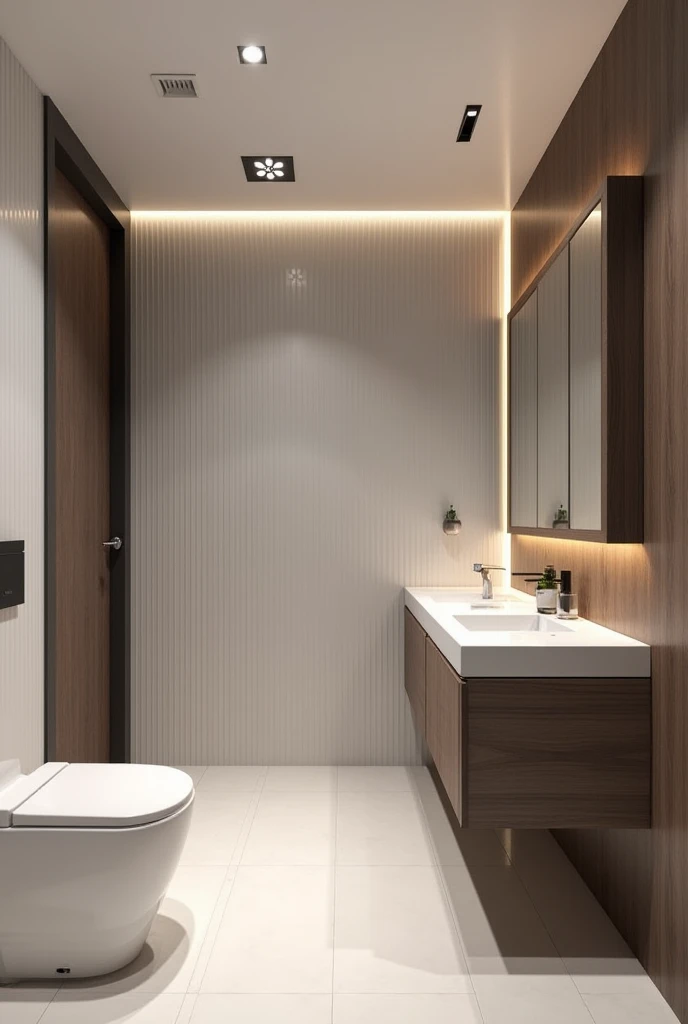 Design me an executive half bathroom with a range of white colors, gray and coffee wood. First comes the sink and to its left, the toilet.. With a design featuring wall panels with linear LED lights at the sink.
