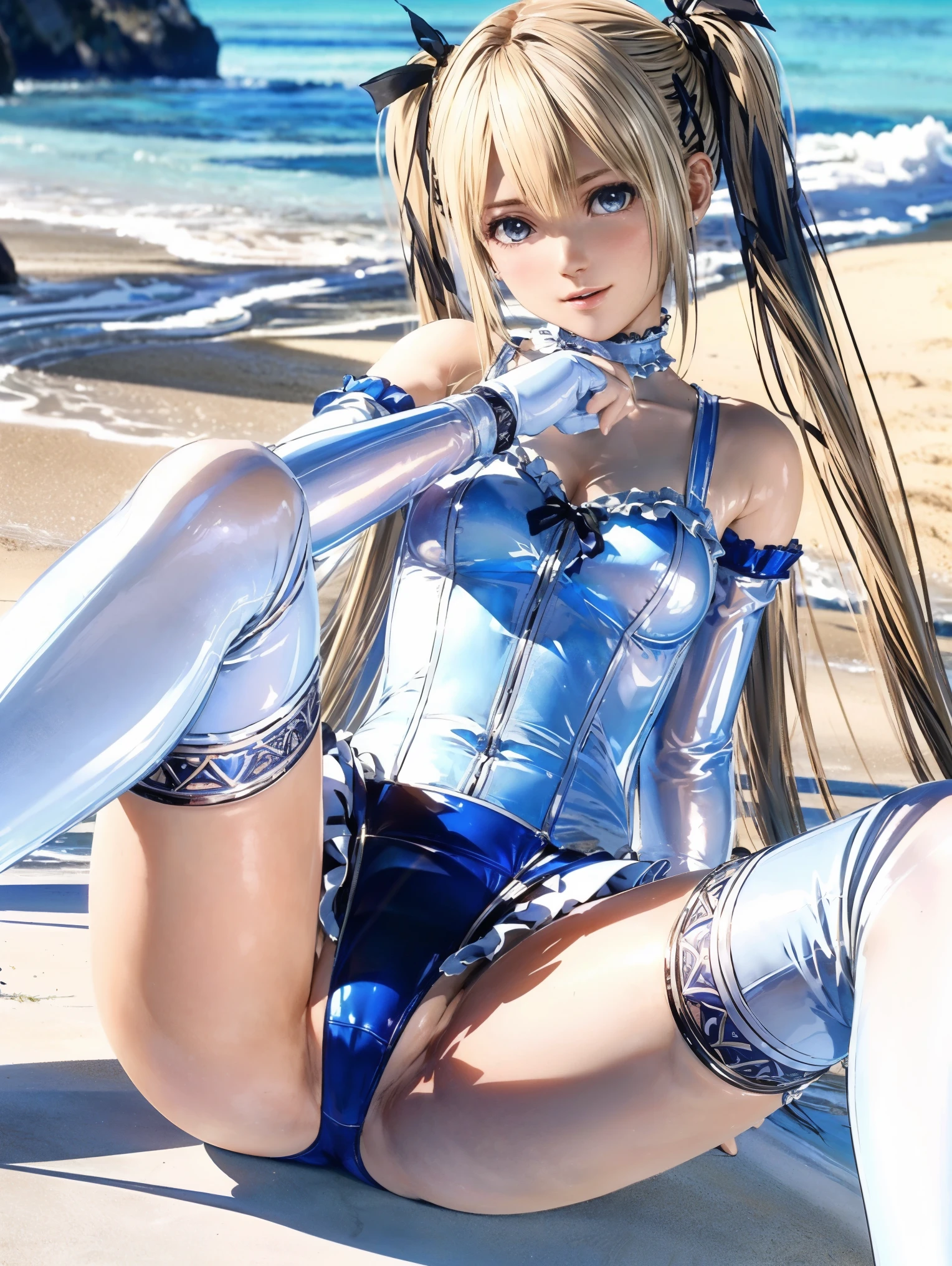 ((Highest quality,Extremely detailed CG Unity,32K)), (( Professional quality,Perfect photo, Ray Tracing, Perfect volume lighting )), ((Hyper Detail,Intricate details))((Masterpiece)),眩しいハイライトが入ったプラチナblondeの髪、Shiny bright hair,、Shiny beautiful bangs、Sparkling, clear, attractive big blue eyes、Very beautiful, lovely and cute girl、(((((Hola, Tight fitting white latex leotard 1.6)))((Camel Toe)monspudis,(Frilled swimsuit, White knee socks 1.1, Removed sleeve), ,(White fingers:1.1,Black gloves),(((blonde))),(Very long hair:1.6),Twin tails、Beach cove background、High kick pose,(Spread your legs:1.1)