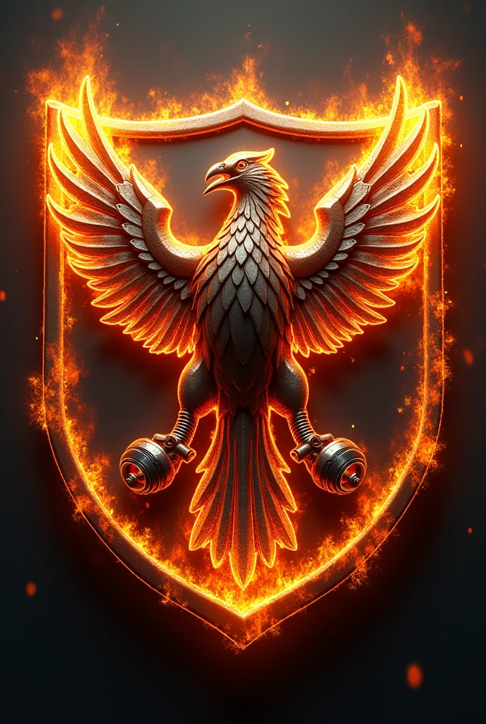 Phoenix logo with pistons on its legs and in a shield with fire