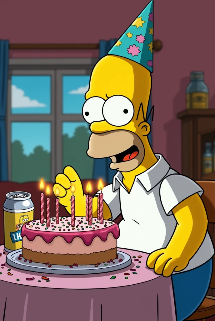 Give me an image where Homer is with a cake and a birthday hat, and the cake has 44 candles and a beer.