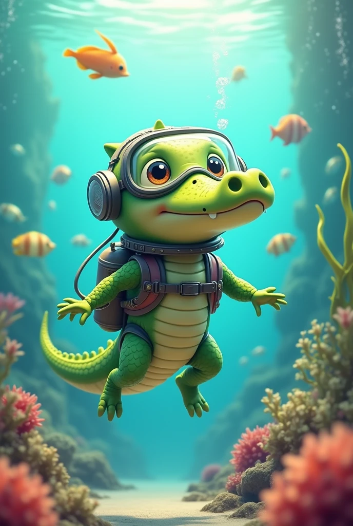 cute crocodile wearing a diving suit diving