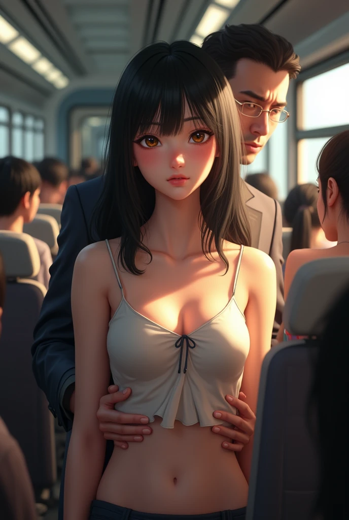 ((Highest quality, 8k, RAW Photos, masterpiece :1.3)), (Realistic、Realistic:1.37)、Very detailed、Ultra-high resolution, (Professional Lighting), ((From above:1.2)),((Full body photo)),Small breasts、Perfect Face、Beautiful expression、Beautiful Face、Beautiful Eyes、18 year old high school girl、Nogizaka-style beautiful girl:1.4,Real-life beautiful girl、Beautiful black hair、(No bra、Sleeveless camisole:1.2、Off the shoulder、Shoulders exposed:1.3,mini skirt)、(Inside a crowded train with sunlight streaming in、Beautiful girl leaning on a man、A woman has her breasts touched by a man、A chubby middle-aged Japanese man hugs a high school girl from behind on a train)、((((middle-aged man standing behind a woman、A man touches a woman's breasts:1.3、A man lifts a woman's skirt to see her panties:1.2、Button-down shirt:1.2))))、caress、Embarrassing expression、Blushing、The man has a vulgar look、Man hugging