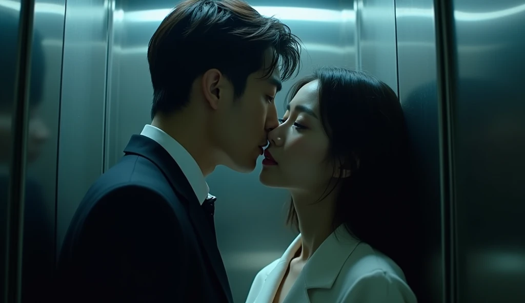 a man leans his head into a beautiful Korean girl's ear and whispers something, realistic lighting, cinema style, daylight, in an elevator, cold lighting,