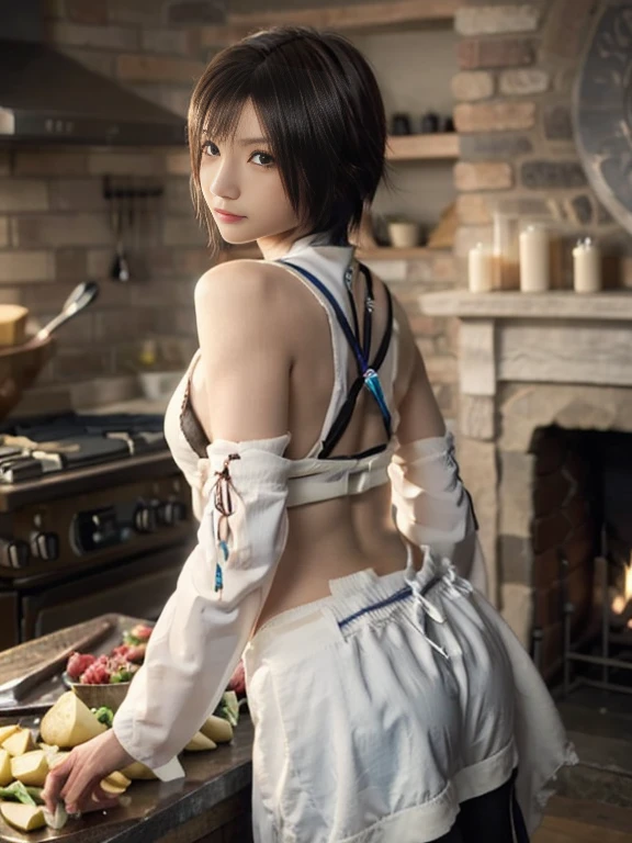 20 year old Japanese beauty,One person、Muscular body like a bodybuilder、Emphasize the breasts、Slit eyes、A head-to-toe view,Bust is very very large、The background is a medieval European kitchen、High quality photos、Clear, crisp images of the lower body、Masterpiece 8k、Ecstatic face、Peeling potatoes by the stove.、From the side, from behind, the same color々from what camera angle to shoot、FF10 Yuna's outfit