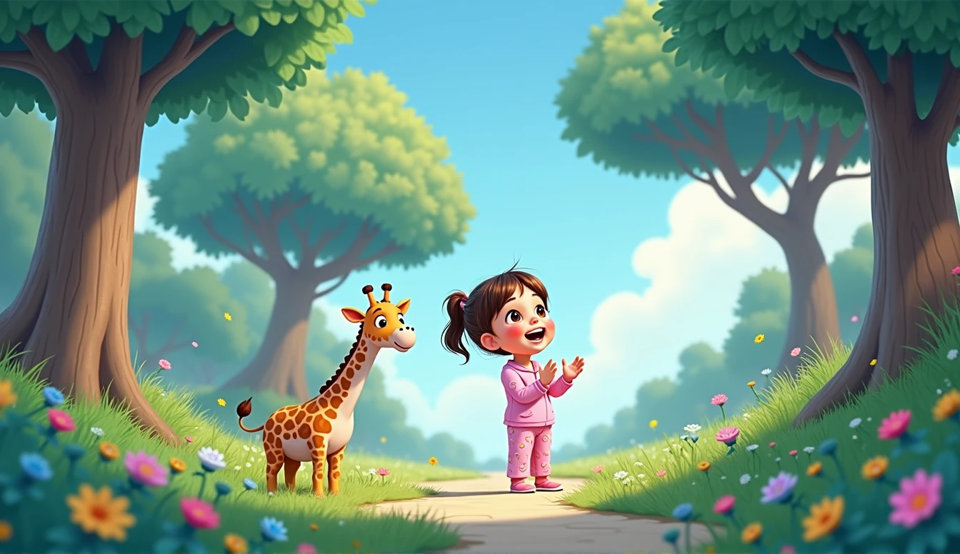 A  cartoon girl in pink pajamas is clapping and looking up, There's a plush giraffe standing nearby